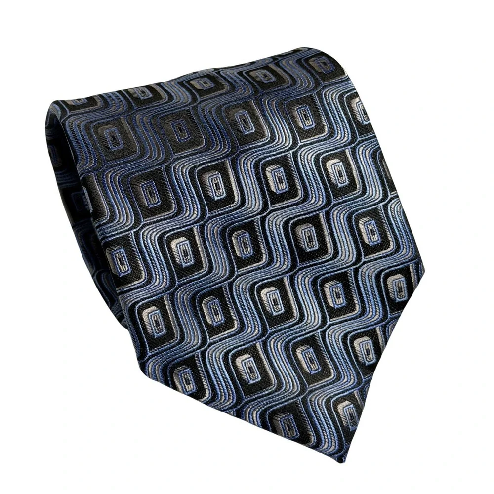 Guy Laroche Studio Necktie Blue Black Geometric Wavy Retro Silk Tall Long Mens